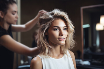 Fototapeta premium Beautiful Blonde Model Getting New Hairstyle In Salon. Сoncept Hair Transformation, Salon Makeover, Blonde Ambition, Stylist's Touch, Glamorous Tresses
