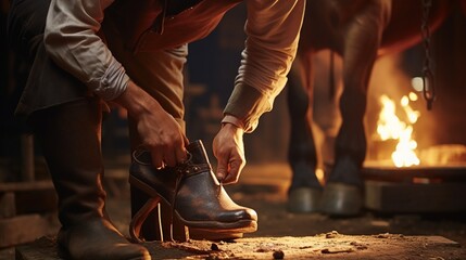A farrier attaches a new shoe to a horse's hoof, sparks flying in the forge. - obrazy, fototapety, plakaty