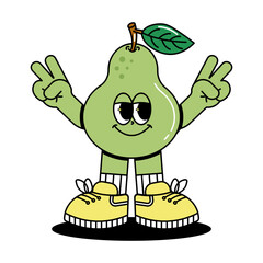 Cute character green Pear in groovy cartoon style. Trendy and modern illustration with funky comic mascot. 70s, 80s retro vibes. Vector