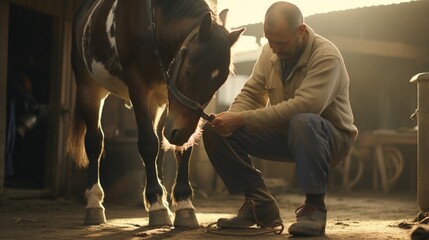 A farrier expertly trims a horse's hooves, ensuring their well-being. - obrazy, fototapety, plakaty