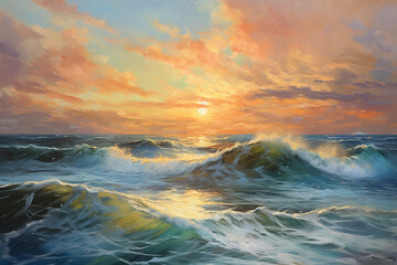 Sunset over the ocean, oil painting - obrazy, fototapety, plakaty