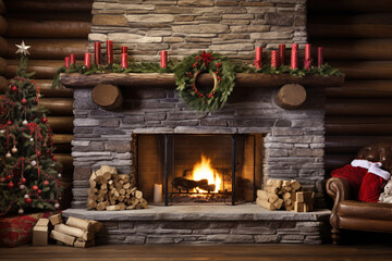 Burning Fireplace decorated for Christmas - obrazy, fototapety, plakaty