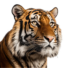 Obraz premium Tiger Face in Side View Close-Up Isolated on Transparent or White Background, PNG