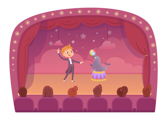 Circus characters perform juggling show vector illustration. Cartoon isolated cute seal juggler playing ball on podium and trainer in vintage tuxedo, carnival performance of animal and funny boy