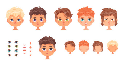 Boy faces constructor set vector illustration. Cartoon isolated male heads templates with different hair colors and hairstyle, eyes, noses and mouths with various shapes and lip expressions