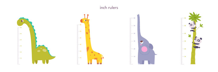 Kids height ruler in inches for growth measure. Cute animals set vector illustration for kindergarten or home. Wall sticker with cheerful giraffe, dinosaur, elephant and pandas - obrazy, fototapety, plakaty