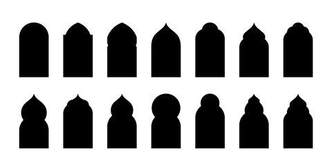 Islamic door or window arch silhouette vector element. Arab frame, mosque gate, arabesque black icon on white background - obrazy, fototapety, plakaty