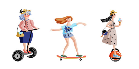 Eco city transport vector illustrations set. Modern urban street vehicles. Happy female young and old cartoon characters ride. Women on gyroscooter, skateboard and monowheel. Green traffic concept