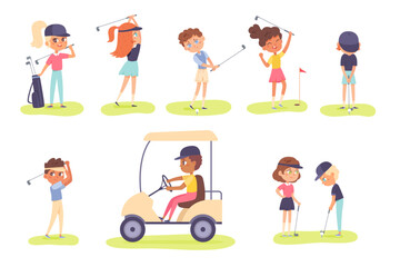Golf playing set vector illustration. Cartoon isolated kids golfers characters training with golf clubs and balls on green grass, action and professional poses collection of boys and girls players