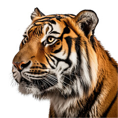 Tiger Face in Side View Close-Up Isolated on Transparent or White Background, PNG
