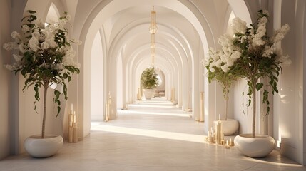 Modern white corridor with white walls and floor and flowers. Created with Ai