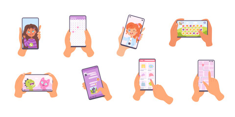 Collection of hands hold mobile phone with different screens. Males and females arms are touching smartphone display with thumb and index fingers. Phone mockups. Flat cartoon vector illustration
