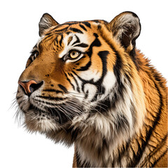 Tiger Face in Side View Close-up Isolated on Transparent or White Background, PNG