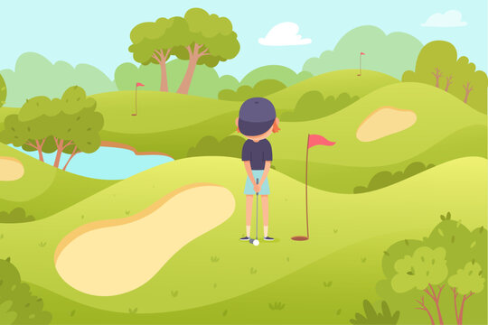 Child play golf vector illustration. Cartoon cute teen golfer holding club, happy boy student playing fun game on golf course, green field landscape with hills, hole in ground and red flag