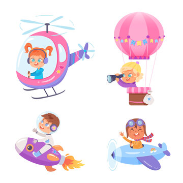 Cute kids air transport set vector illustration. Cartoon driving children isolated on white background. Boys and girls going by plane, helicopter, rocket, aerostat. Aero transportation © backup_studio