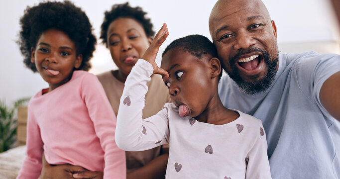 Portrait, funny selfie and black family parents, happy children or people bond, love or care in memory photo. Home face, photography or profile picture of kids, dad and mom pose with crazy tongue out