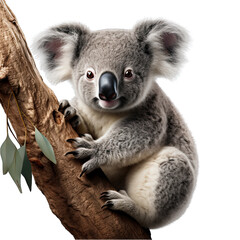 Koala Holding onto a Tree Branch Isolated on Transparent or White Background, PNG