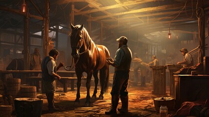 A farrier shoes a horse while other horses curiously observe the process. - obrazy, fototapety, plakaty