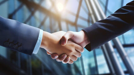 handshake close up over building and modern office working space background