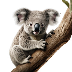 Koala Holding Onto a Tree Branch Isolated on Transparent or White Background, PNG