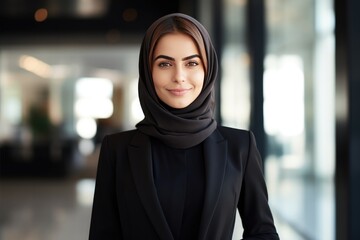 Confident Arabian Businesswoman Posing In Corporate Office Portrait. Сoncept Professional Headshot, Business Attire, Corporate Environment, Confident Female Leader, Arabian Businesswoman