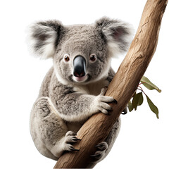 Koala Holding onto a Tree Branch Isolated on Transparent or White Background, PNG