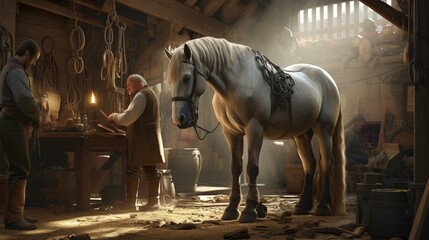 A farrier shoes a horse while other horses curiously observe the process. - obrazy, fototapety, plakaty
