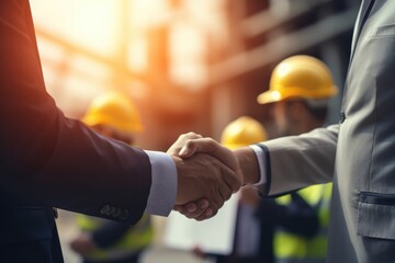 Construction Worker Team Shakes Hands After Successful Meeting