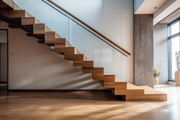 Contemporary Wooden Stairs In New House Elegant Architecture And Design. Сoncept Monochrome Minimalist Home Decor, Rustic Farmhouse Kitchen, Scandinavian Interior Design, Vintage-Inspired Living Room