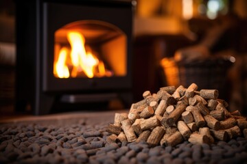 Cozy Pellets In Front Of Fireplace. Сoncept Cozy Winter Evenings, Fireside Ambience, Warm And Inviting, Comfort Of Home, Relaxation And Serenity