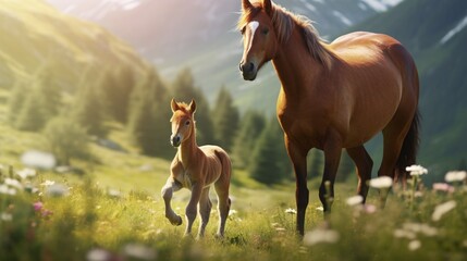 Fototapeta premium A foal takes its first steps in the meadow, supported by its proud mother.