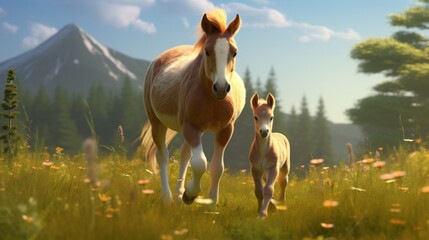 A foal takes its first steps in the meadow, supported by its proud mother. - obrazy, fototapety, plakaty