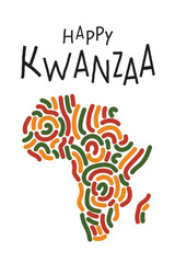 Happy Kwanzaa greeting card. Decorative silhouette of African continent with abstract lines ornament in color of Pan African flag - red, yellow, green, simple text logo. Kwanza vertical banner - obrazy, fototapety, plakaty