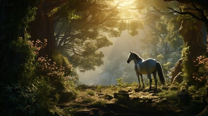 a forest where the amazing horse embarks on a journey through towering, crystalline trees that reach for the heavens. - obrazy, fototapety, plakaty
