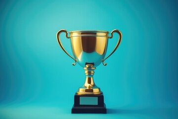 Golden Trophy Represents Business Competition On Blue Background