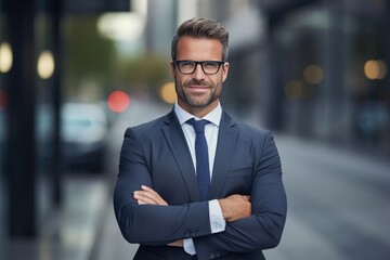 Fototapeta premium Happy Businessman Standing With Crossed Arms