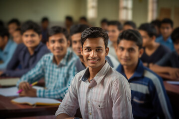Indian Student With College Classmates In University Classroom - obrazy, fototapety, plakaty