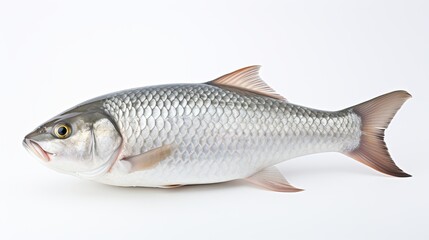 Fototapeta premium Rohu fish with a red tail fin swimming in White background, generative ai