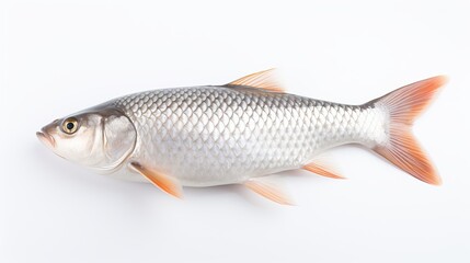  Rohu fish with a red tail fin swimming in White background, generative ai