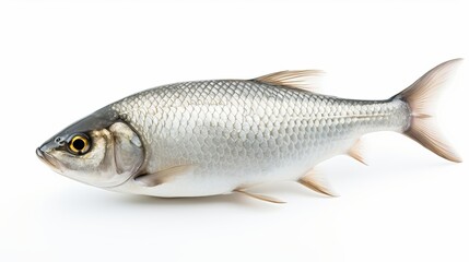  Rohu fish with a red tail fin swimming in White background, generative ai