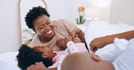 Bedroom, laugh and black family parents, happy kids or people bonding, love and smile for funny...