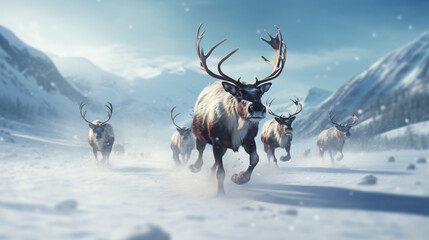 Reindeers running in snowy field under sky - obrazy, fototapety, plakaty