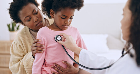 Doctor, little girl and stethoscope for examination in home for health, respiratory system and...