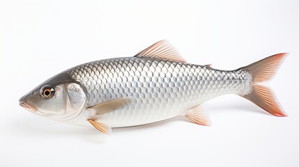 Fototapeta premium Rohu fish with a red tail fin swimming in White background, generative ai