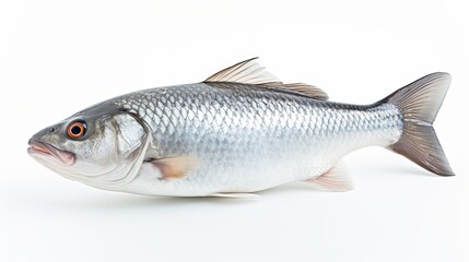 Fototapeta premium Rohu fish with a red tail fin swimming in White background, generative ai