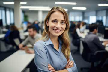 Smiling Woman At Office Caught In Photo - obrazy, fototapety, plakaty