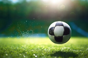 Naklejka premium Soccer Ball Scoring Goal On The Football Field