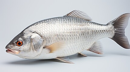 Fototapeta premium Rohu fish with a red tail fin swimming in White background, generative ai