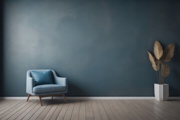 Interior background of room with wooden paneling and dark blue stucco concrete mockup wall with copy space