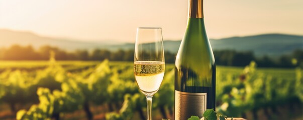 Champagne Bottle And Glass In Vineyard. Сoncept Sunset Beach Engagement Photoshoot, Rustic...